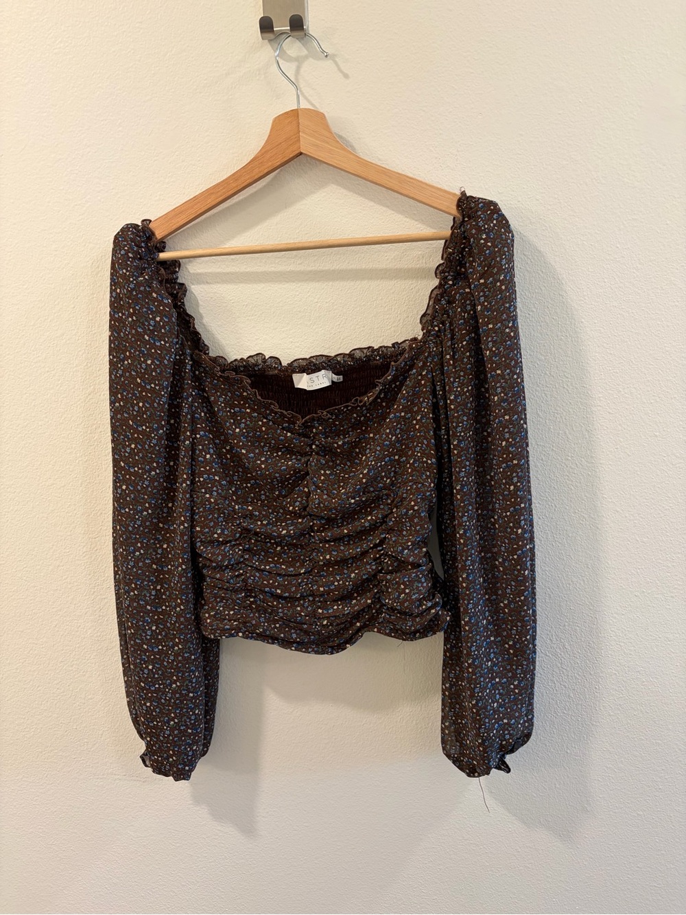 Astr Brown Floral Smocked Square-Neck Long Sleeve Top